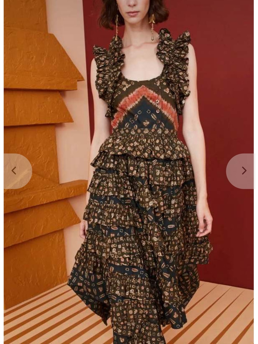 Ulla Johnson Nia Ruffled Tiered Floral Print Dress in Olive and Rust